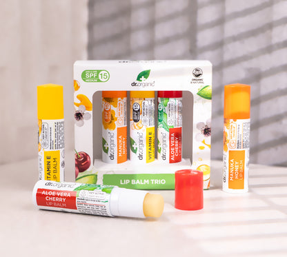 Lip Balm Trio with Aloe & Cherry, Vitamin E and Manuka